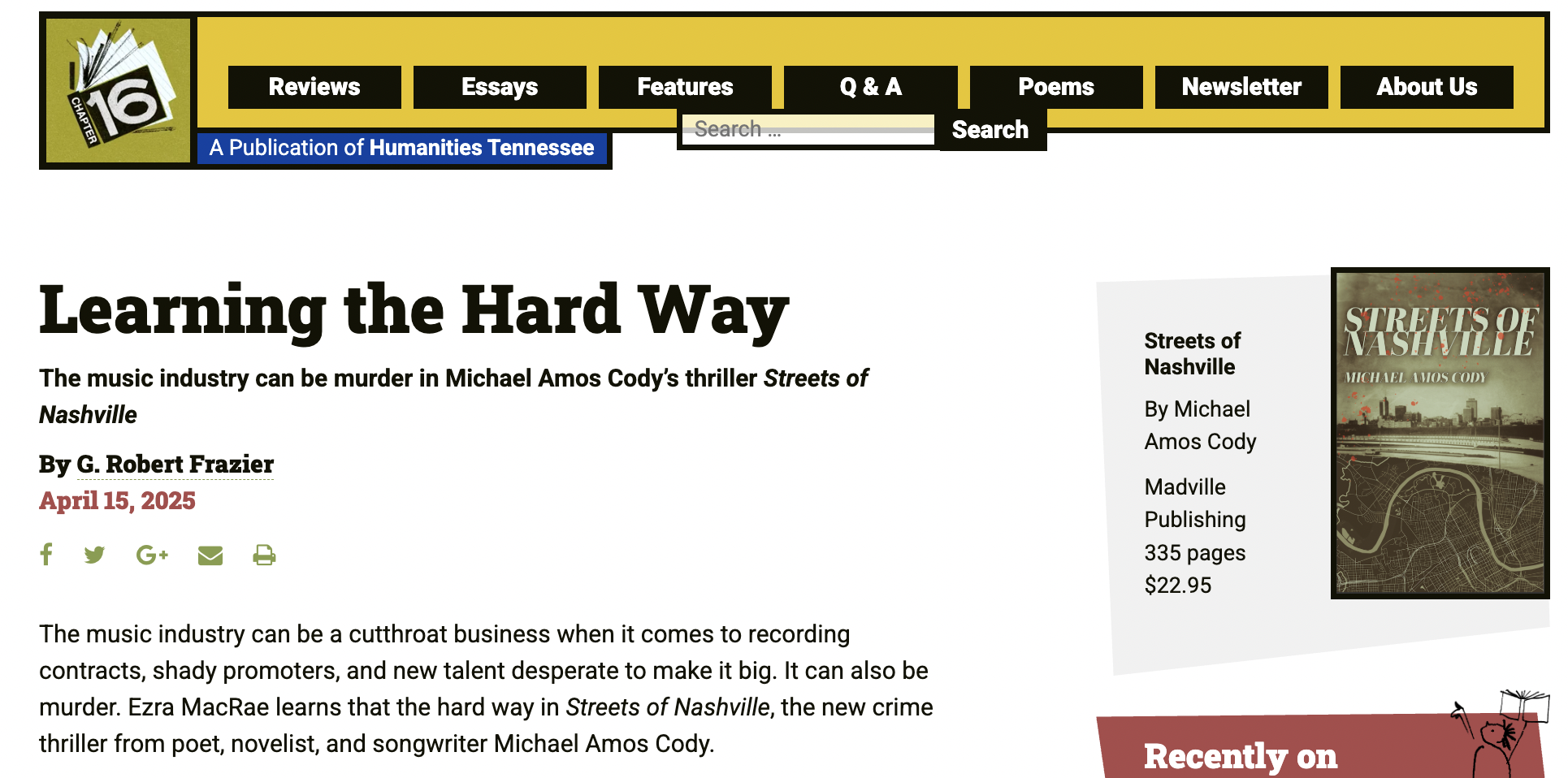 Screen Capture of a review of Streets of Nashville. "Learning the Hard Way" 